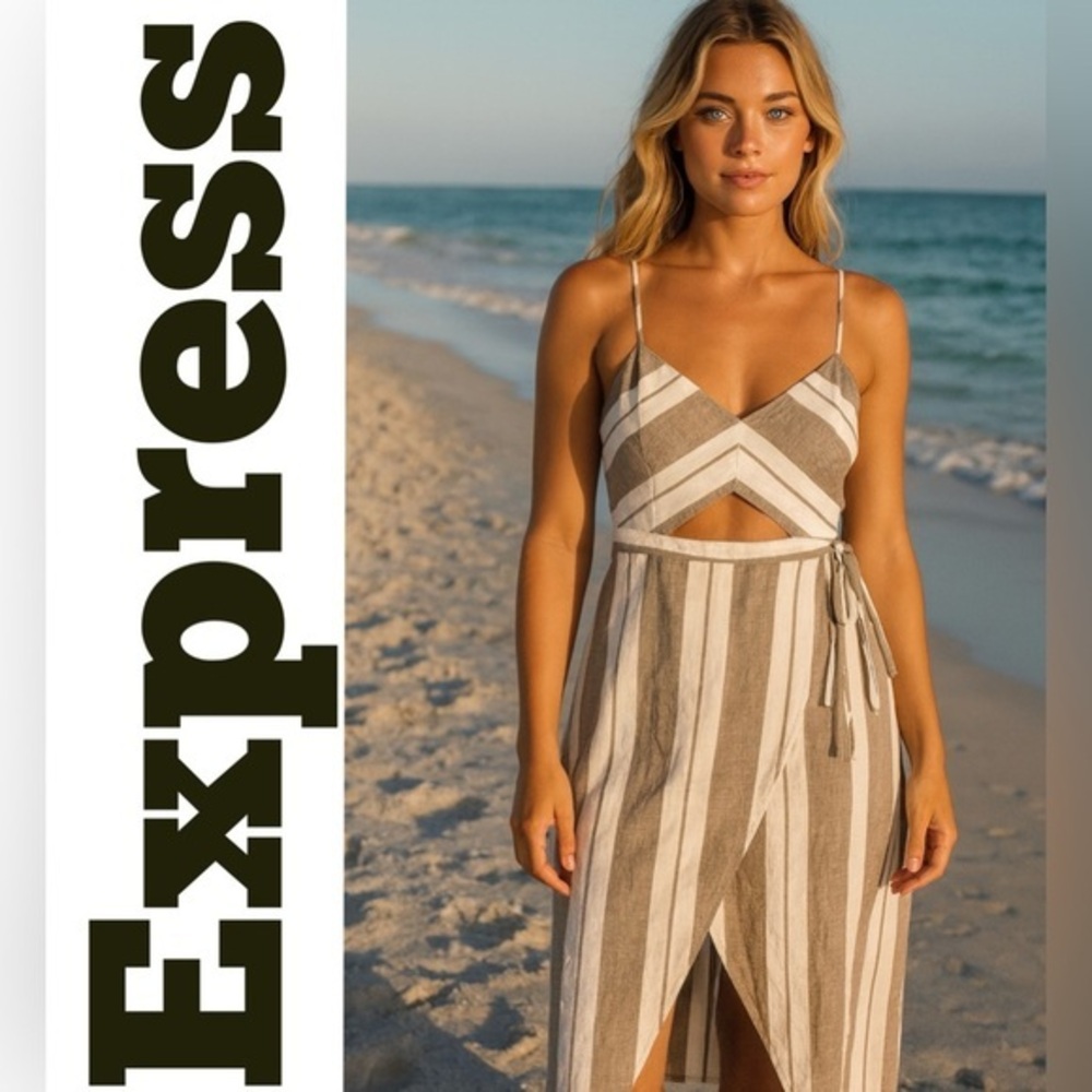 Express Beige and White Striped Wrap Maxi Dress